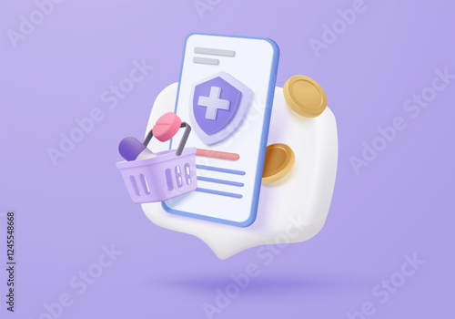 3d online pharmacy with first aid kit and medical equipment. Medicine ordering mobile phone and payment with money concept of healthcare. 3d drug store and e-commerce icon vector render illustration