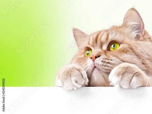 A curious cat with bright green eyes rests its paws on a white surface, set against a soft green background. photo