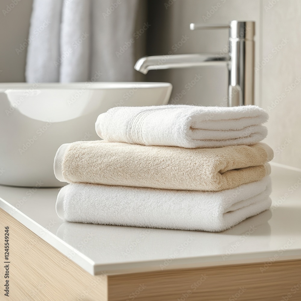 Clean Towels Stacked in Minimalist Bathroom Setting Clean Towels Stacked in Minimalist Bathroom Setting