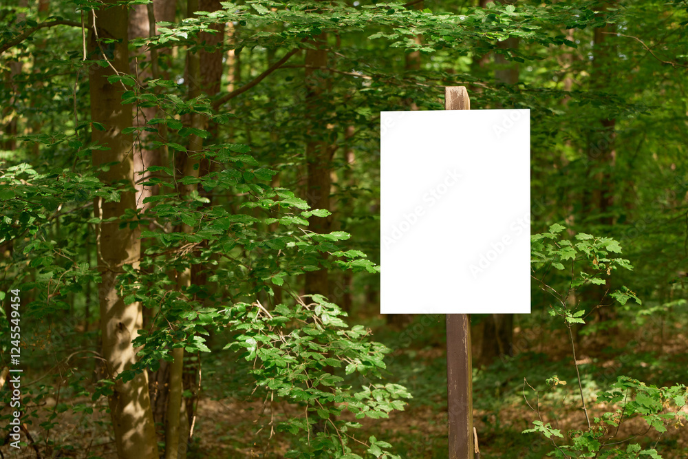 White blank sign standing in a green forest