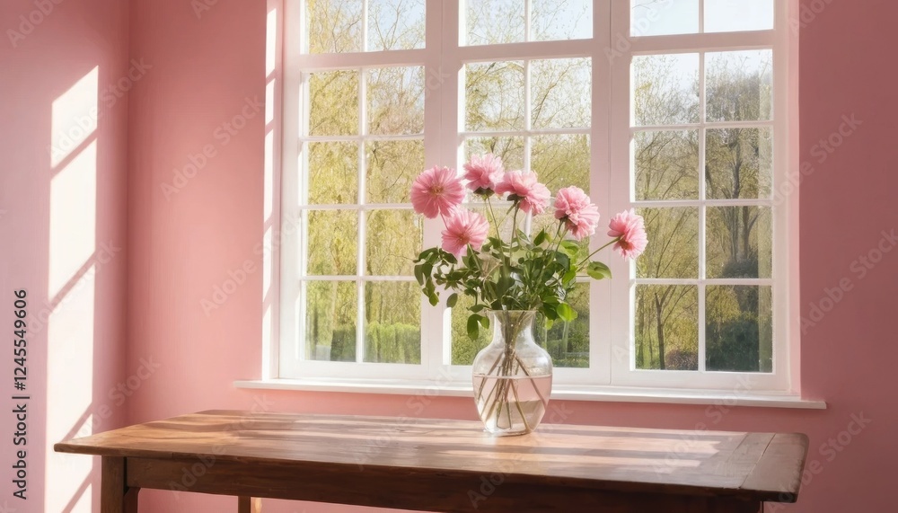Fototapeta premium Empty pink room with a wooden table and flowers in vase near a window in a classic interior design
