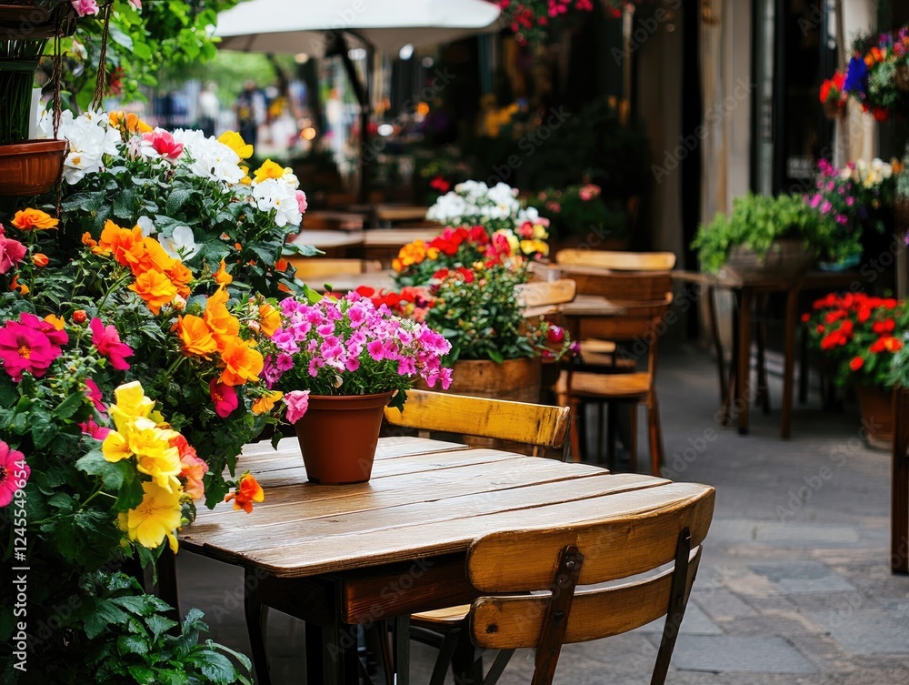 Charming Outdoor Cafe Scene with Vibrant Flowers and Rustic Wooden Furnishings Charming Outdoor Cafe Scene with Vibrant Flowers and Rustic Wooden Furnishings