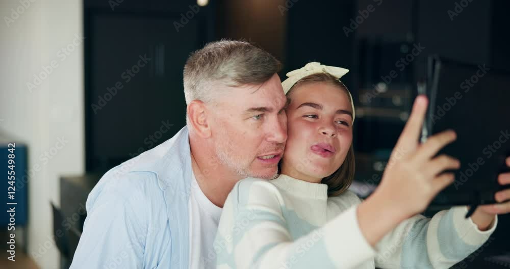 Selfie, silly and dad with child in home smile for social media, profile picture and online post. Family, love and father with daughter take funny photo for bonding, relationship and relax together Selfie, silly and dad with child in home smile for social media, profile picture and online post. Family, love and father with daughter take funny photo for bonding, relationship and relax together