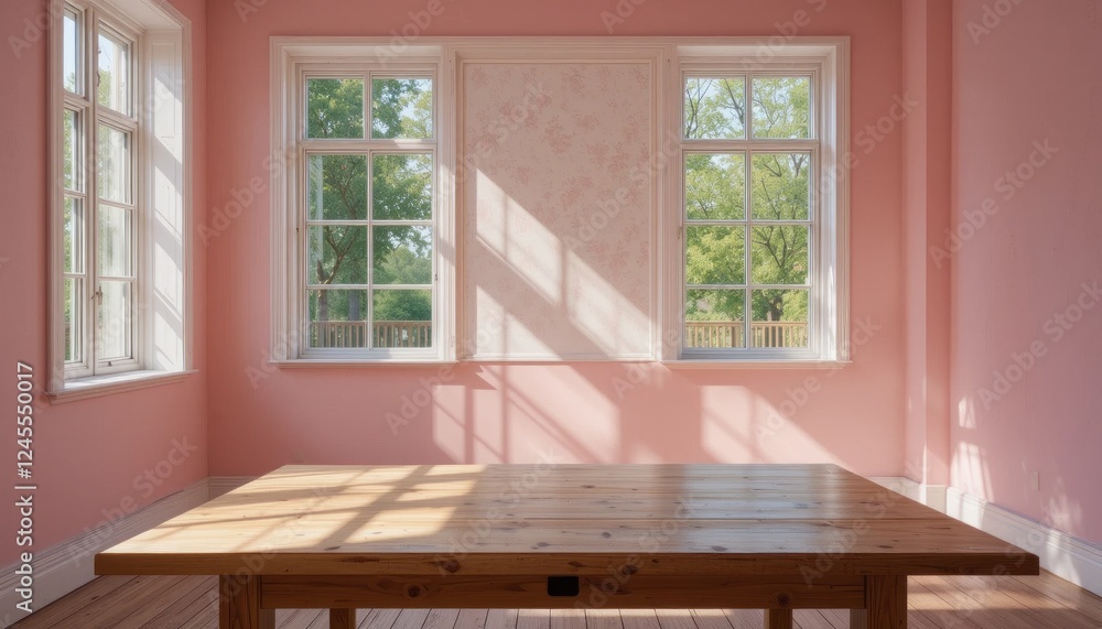Empty pink room with a wooden table near a window in a classic interior design Empty pink room with a wooden table near a window in a classic interior design