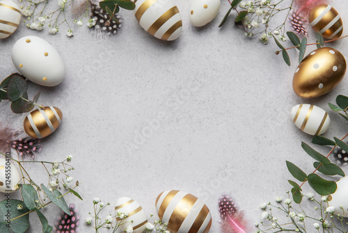 Photography Easter eggs frame decorating a gray surface with eucalyptus leaves and feathers