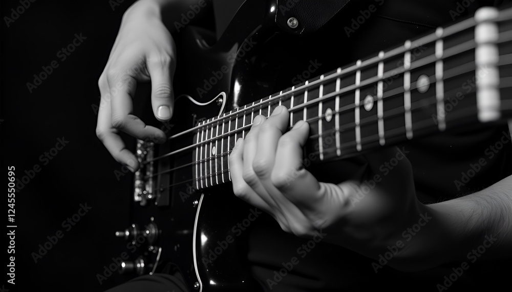 Obraz premium Close up of musician playing bass guitar in black and white - Expressive music performance