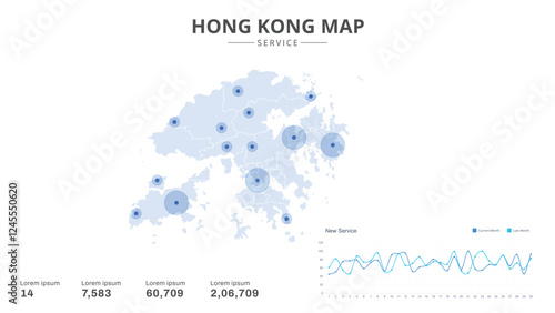 Service centers are highlighted within the of Hong Kong Infographic map. Business Infographic Map of Hong Kong. Vector Map of a Hong Kong map. Easy to edit