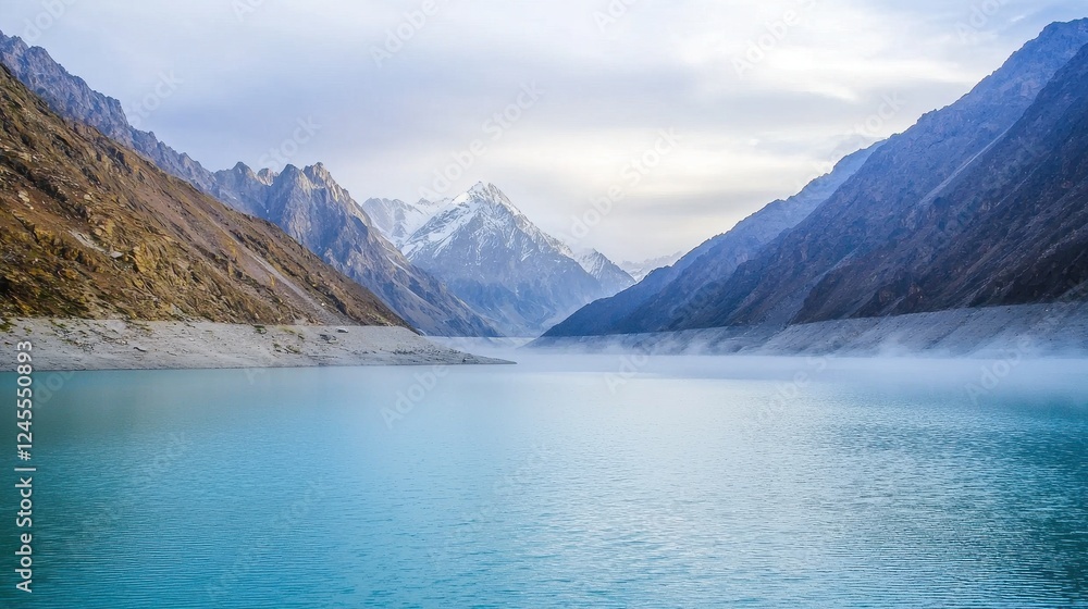 Majestic Mountain Landscape with Peaceful Water Body and Fog Majestic Mountain Landscape with Peaceful Water Body and Fog