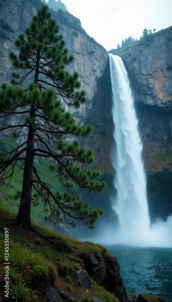 Fototapeta premium Misty pine tree blends into cliff backdrop as waterfall flows, nature, cliffs, pines