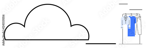 Cloud outline paired with a rack of clothes including a shirt, dress, and pants. Ideal for fashion, weather, e-commerce, organization, cloud storage tech solutions lifestyle. Line metaphor