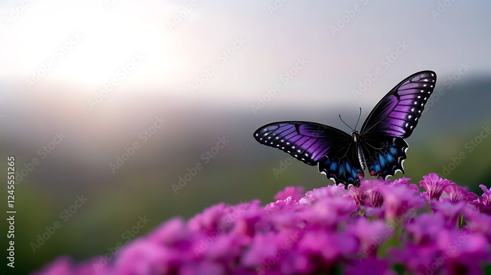 Fototapeta premium A vibrant butterfly perched on blooming pink flowers in a serene garden at sunrise