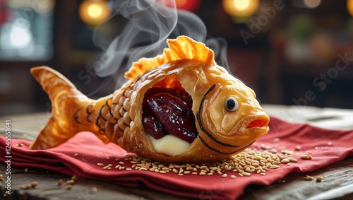 A crispy, golden bungeoppang rests on a rustic table, its belly revealing sweet red bean or custard, with steam hinting at its warmth and freshness. photo