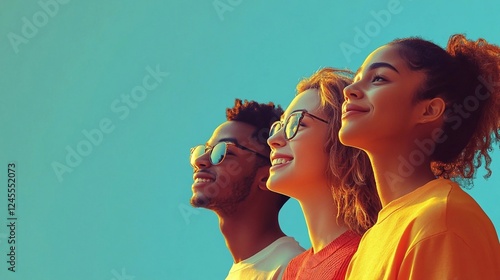 A group of people smiling and looking up at the sky, with a light blue background. Showcasing diverse young individuals standing together for community support.