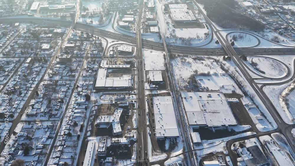 view of Snow-covered roads, highways, and suburbs on a sunny winter day in Waterloo, Ontario, Canada view of Snow-covered roads, highways, and suburbs on a sunny winter day in Waterloo, Ontario, Canada