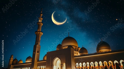 Night view of a mosque under a crescent moon and starry sky.