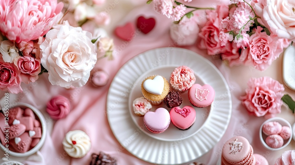 Flowers and sweets table setting pink for Valentine's Day Flowers and sweets table setting pink for Valentine's Day