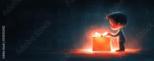 Hand-drawn cartoon of a child opening a mysterious glowing box, sketchy lines with light hatching, dramatic lighting