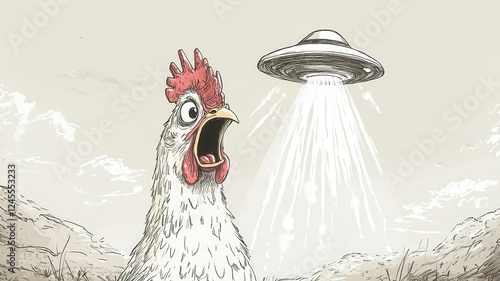 Playful sketch of a cartoon chicken witnessing a UFO landing, exaggerated fear and surprise.