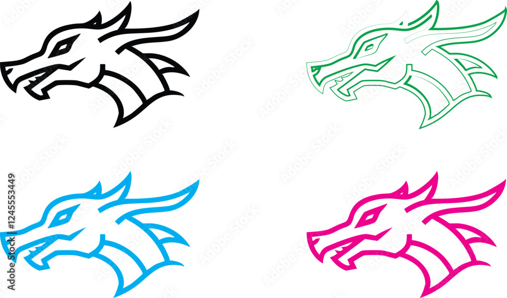 Dragon heads, minimalist outline, simple line art, bold colors, black white green blue pink, geometric shapes, stylized mythical creatures, angular design, graphic illustration, fantasy concept art, m Dragon heads, minimalist outline, simple line art, bold colors, black white green blue pink, geometric shapes, stylized mythical creatures, angular design, graphic illustration, fantasy concept art, m