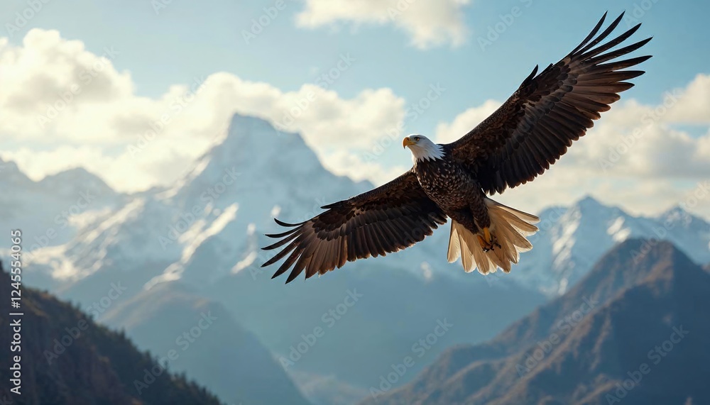 Majestic eagle soaring over mountain peaks with a blue sky in the background.
Majestic eagle soaring over mountain peaks with a blue sky in the background.