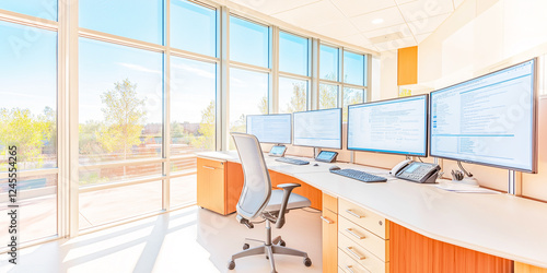 Modern high-rise office featuring a polished desk, leather chair, and expansive city view. photo