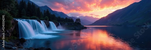 Dark waterfalls cascading into a serene lake at sunset, lake, twilight, mountains
