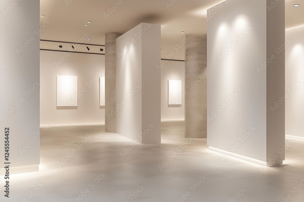 Minimalist 3D virtual gallery with soft ambient lighting, emphasizing modern designs in a clean and simple setting. Minimalist 3D virtual gallery with soft ambient lighting, emphasizing modern designs in a clean and simple setting.