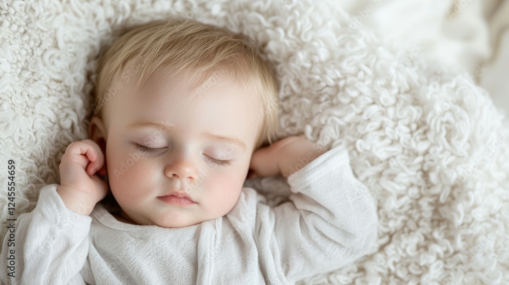 Peaceful baby sleeping soundly on soft blanket, white bedroom background, for baby product advertising Peaceful baby sleeping soundly on soft blanket, white bedroom background, for baby product advertising