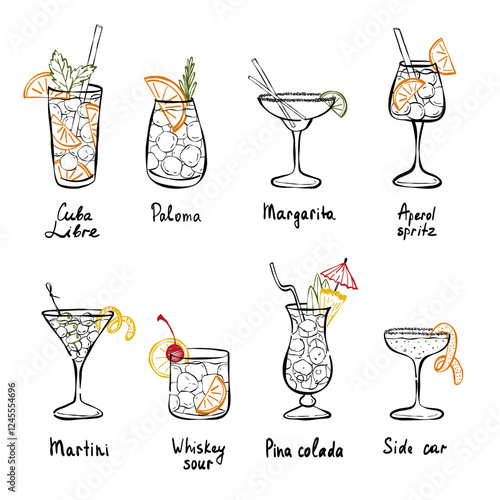 Classical cocktails crayon minimalist drawings. Modern simple drinks collection