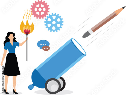 Confident creative woman launch new idea by shooting pencil cannon into sky. Launch creativity idea, boost inspiration and challenge, start writing blog, storytelling