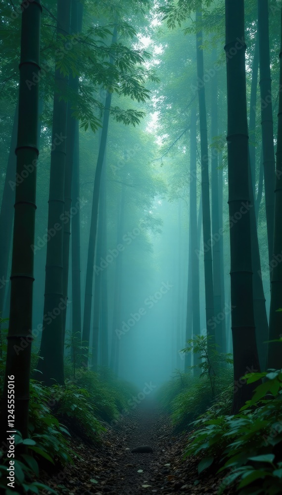 Naklejka premium Dark forest floor with tall bamboo in front of misty fog, trees, serene