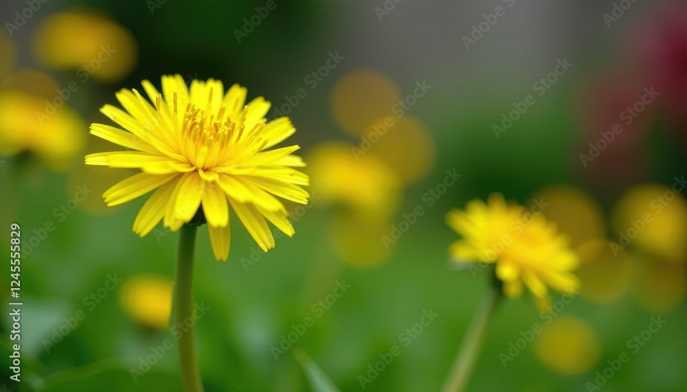 Dandelion flower in a garden bed with other plants, flowers, garden Dandelion flower in a garden bed with other plants, flowers, garden