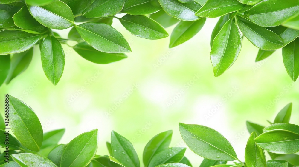Lush green leaves frame, nature background, spring freshness, ideal for eco-friendly designs Lush green leaves frame, nature background, spring freshness, ideal for eco-friendly designs