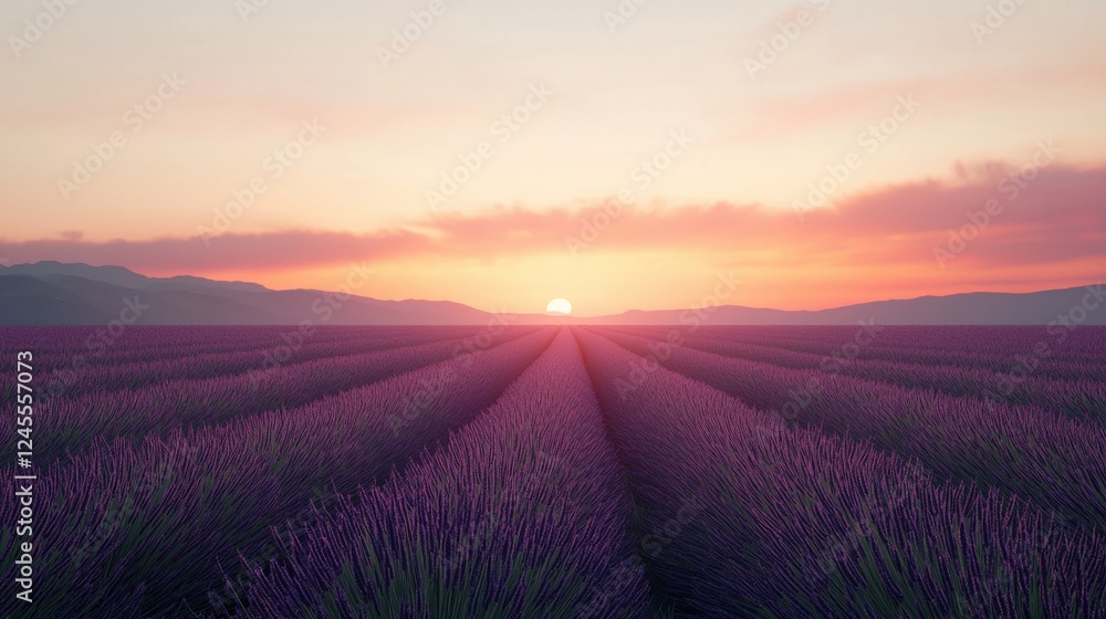 Fototapeta premium Serene Lavender Fields Under Vibrant Sunset Sky Landscape