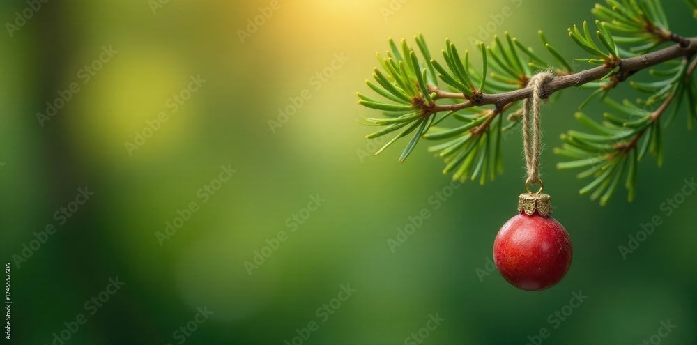 A small wooden charm hangs from a single pine branch, leaves, wooden charm, rustic A small wooden charm hangs from a single pine branch, leaves, wooden charm, rustic