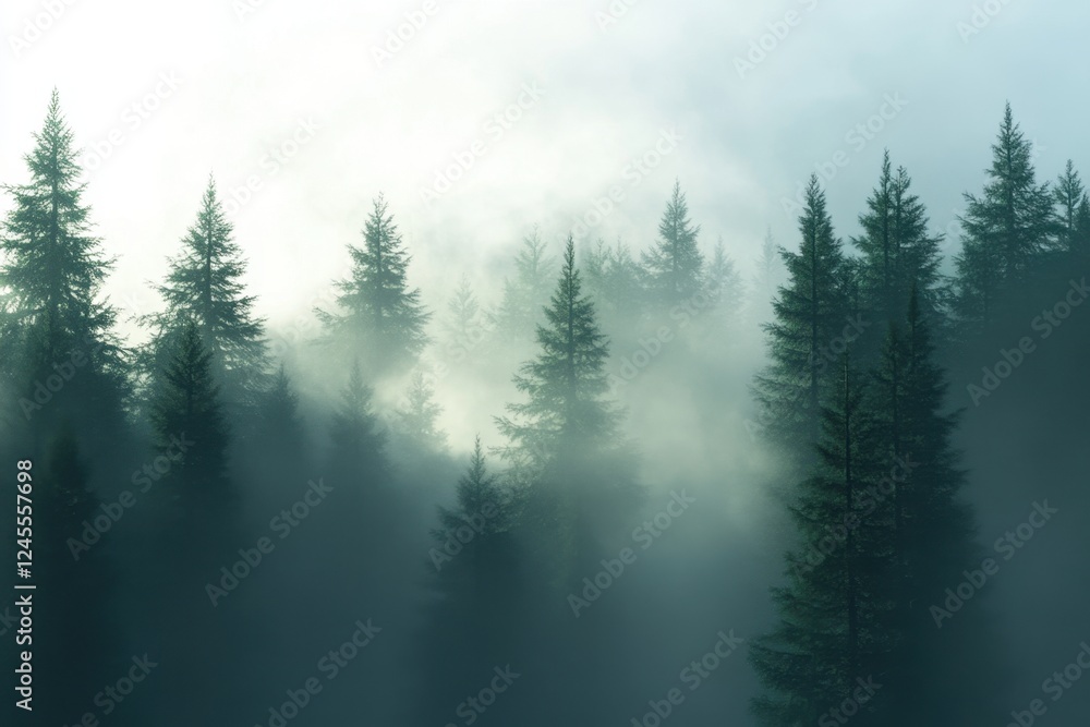 Serene Foggy Morning in Pine Forest with Soft Light Serene Foggy Morning in Pine Forest with Soft Light
