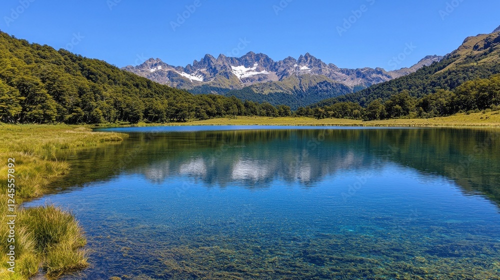 Tranquil Lake Scene with Reflections and Majestic Mountain Peaks Tranquil Lake Scene with Reflections and Majestic Mountain Peaks
