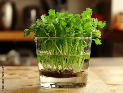 Fresh parsley sprigs rooting in glass of water on a wooden table photo