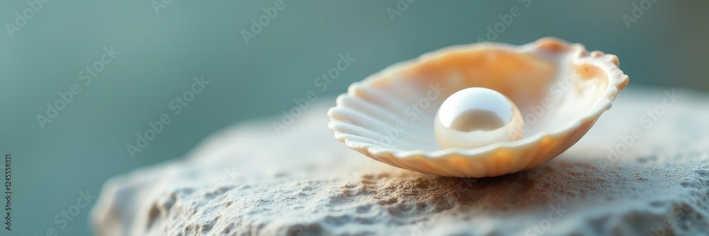 A single pearl bead nestled in the curve of a shell on a light gray stone surface, single pearl, natural A single pearl bead nestled in the curve of a shell on a light gray stone surface, single pearl, natural