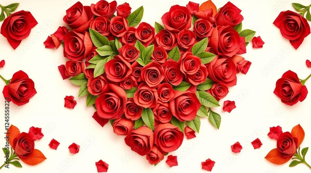 Intricate origami style heart-shaped floral arrangement of red roses and green leaves, warm colors Intricate origami style heart-shaped floral arrangement of red roses and green leaves, warm colors