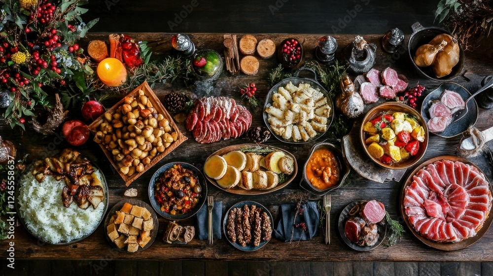 A Bountiful Feast: A Lavish Medieval-Style Table Spread A Bountiful Feast: A Lavish Medieval-Style Table Spread