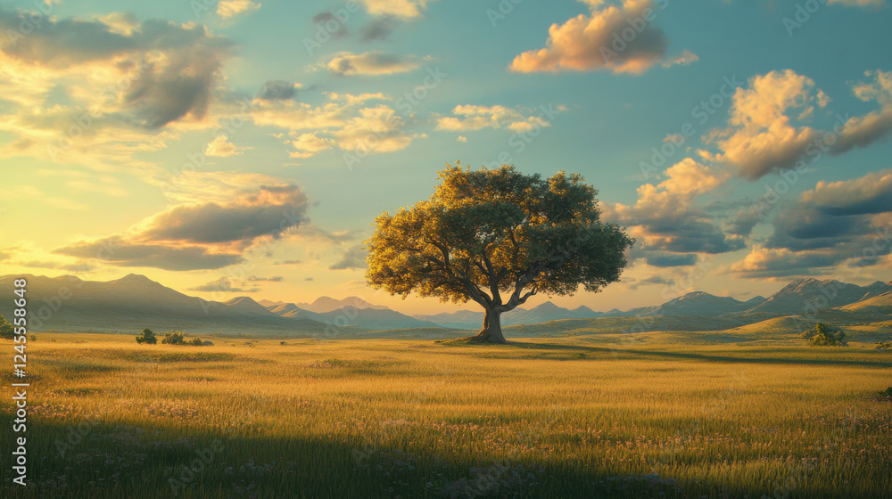 Fototapeta premium Picturesque nature landscape, vast open fields with golden-green grass, a magnificent tree centered in the frame