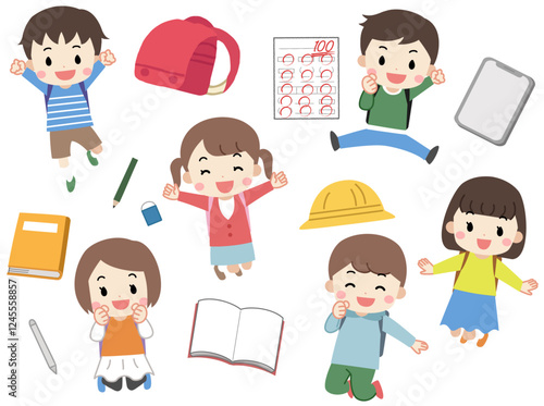 勉強する子供たちのイラスト素材セット