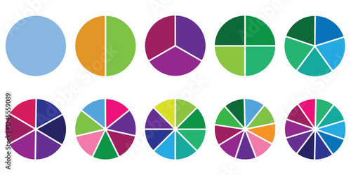 Infographic icon pie circles set divided radius in grey color. Segments of circle with 1 to 10 pieces. Pie diagram set. Divided circle sections set. Vector illustration isolated on white background. 
