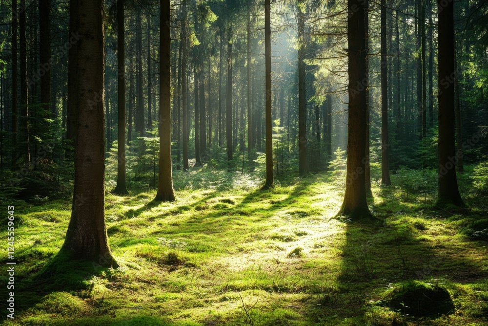Obraz premium Sunlight Streaming Through Dense Forest Trees