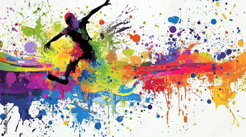 Colorful dancer leaping, vibrant paint splashes, energy, movement, design Colorful dancer leaping, vibrant paint splashes, energy, movement, design