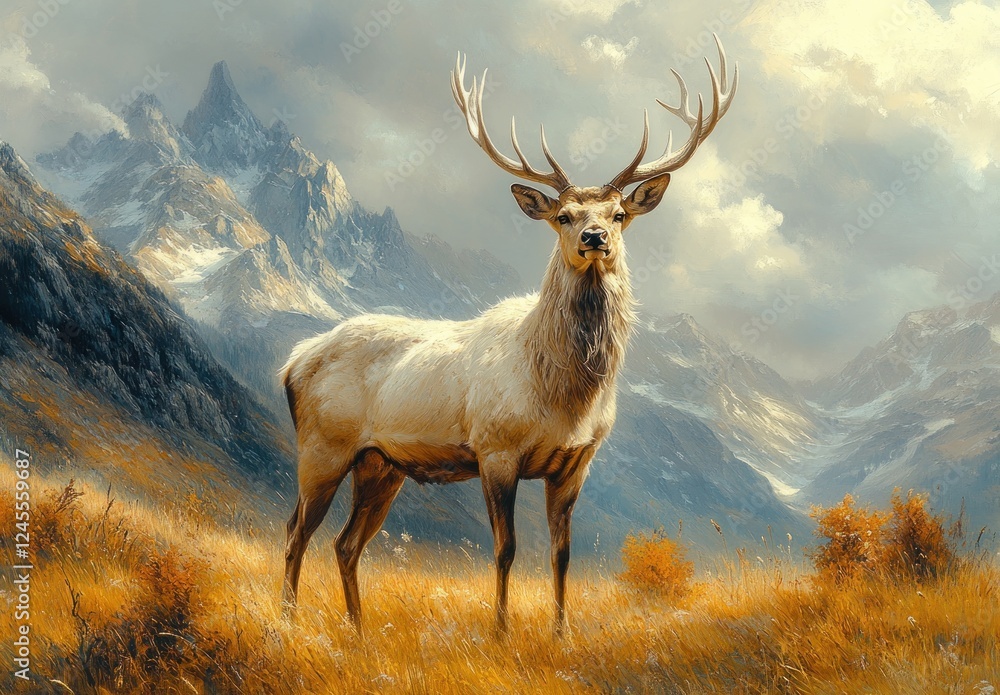 Majestic Black and White Deer in Golden Field with Mountains Majestic Black and White Deer in Golden Field with Mountains