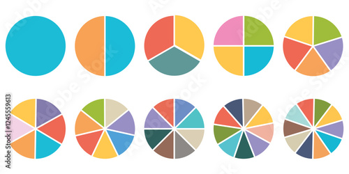 Circle division infographic icon set. Pie chart divided 1,2,3,4,5,6,7,8,9,10 equal parts. Color pizza or donut round diagram. Infographic wheel segment and fraction. Vector illustration