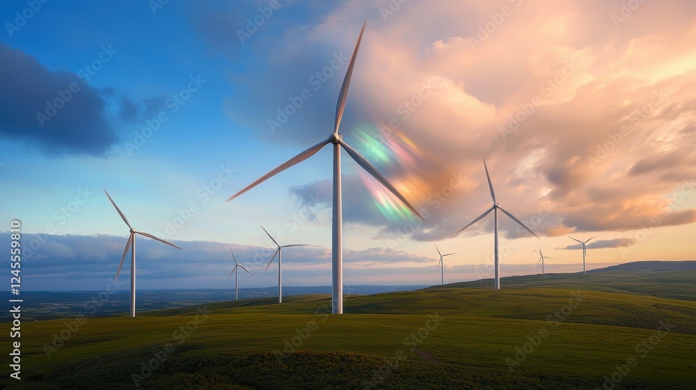 Wind Turbines at Sunset in a Beautiful Landscape with Colorful Sky Wind Turbines at Sunset in a Beautiful Landscape with Colorful Sky