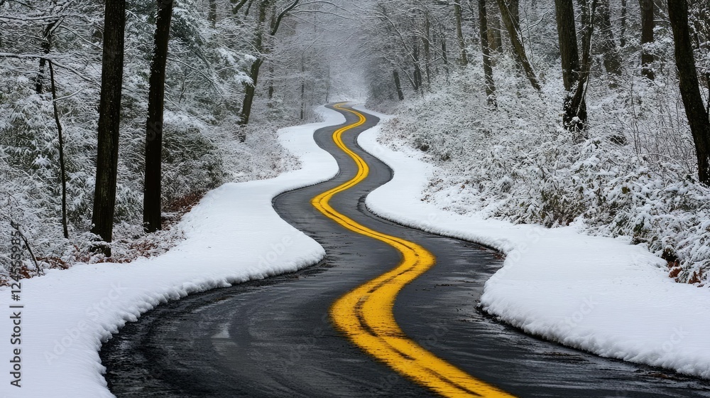 A winding, snow-covered road stretches into the distance, A winding, snow-covered road stretches into the distance,